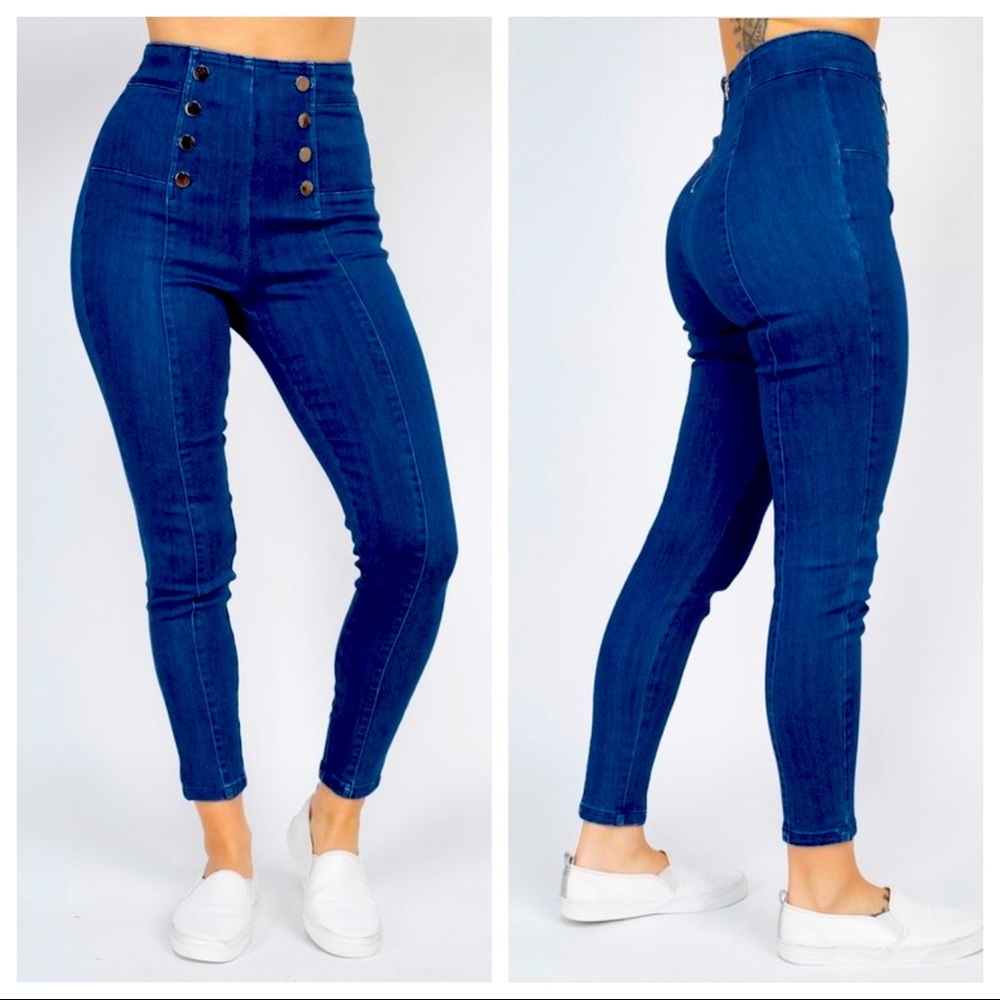 NEW FALL TRENDY DARK BLUE WASH DENIM HIGH WAIST WOMEN JEANS GOLD BUTTON DETAILS